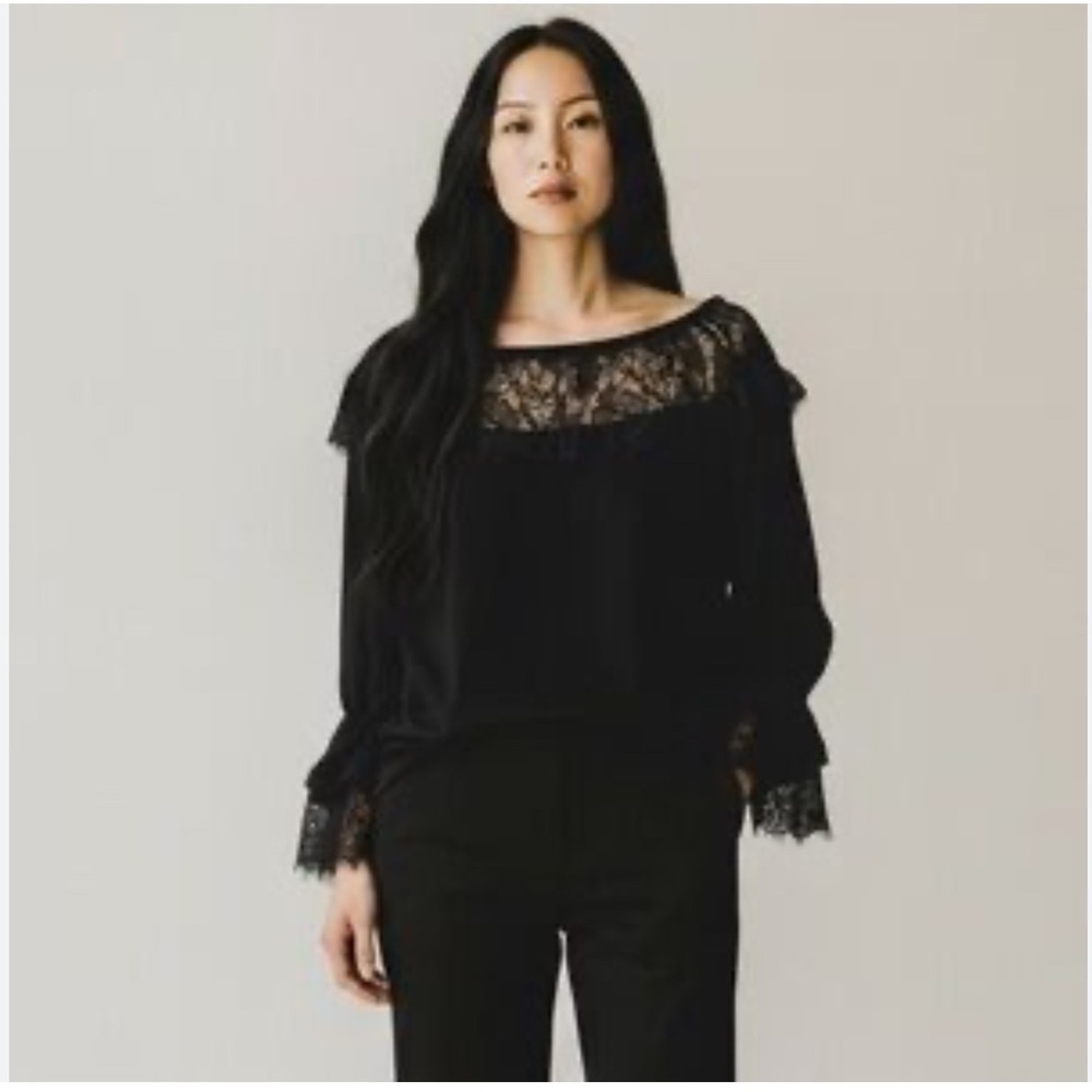 Black Lace Yoke Blouse Bell Sleeve Top S Whimsigoth Dark Fairy Grunge Witchy Top